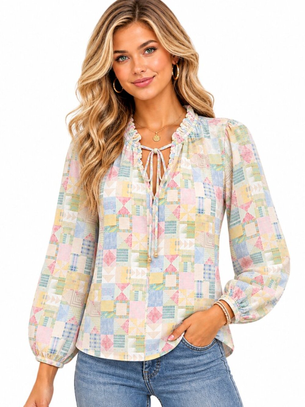 LASCANA Long Slve Ruffle Collar V-Neck Tie Pastel Patchwork Print Blouse NWOT 6